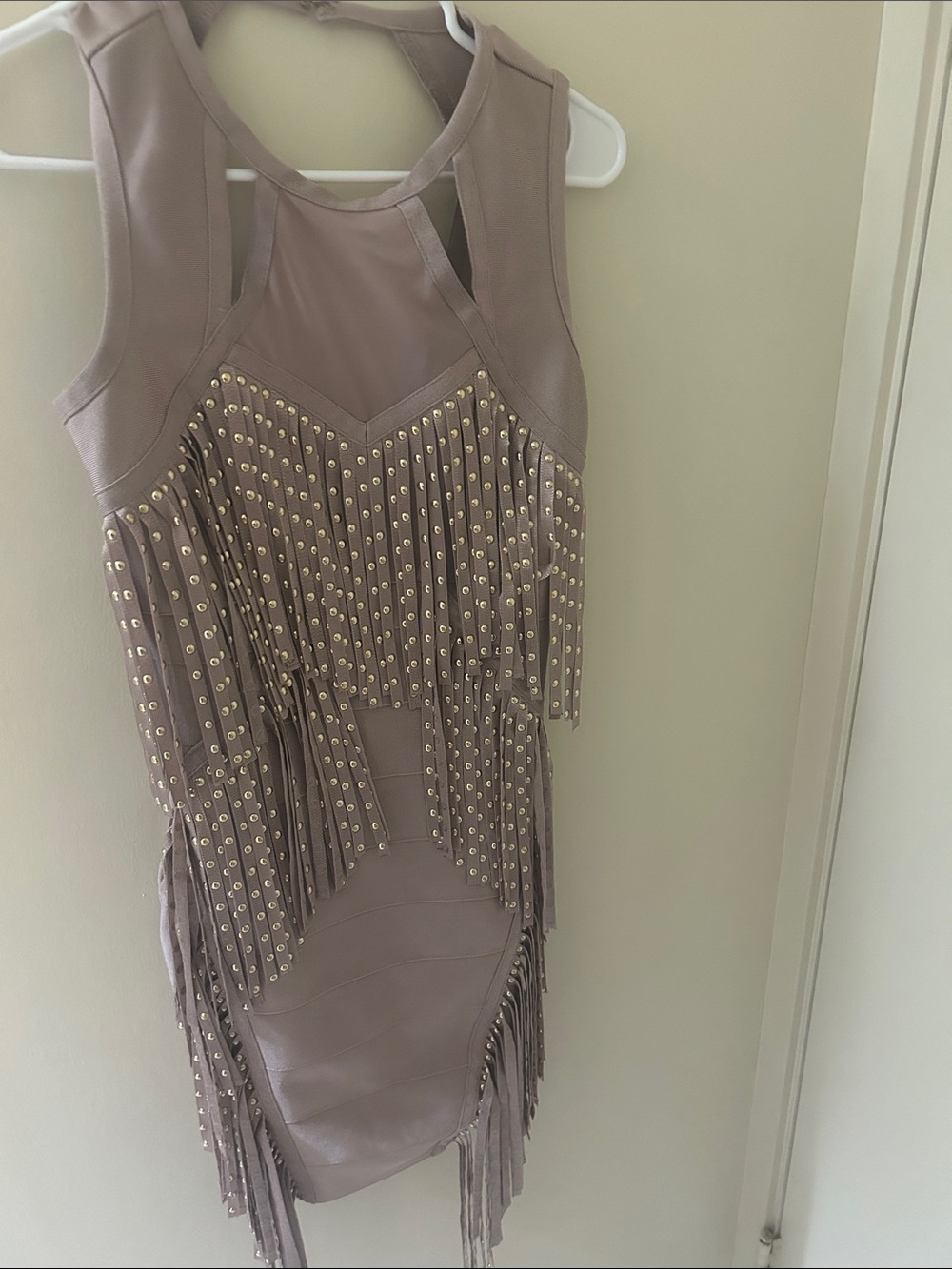 Fashion Nova Taupe Fringe Studded Mini Dress